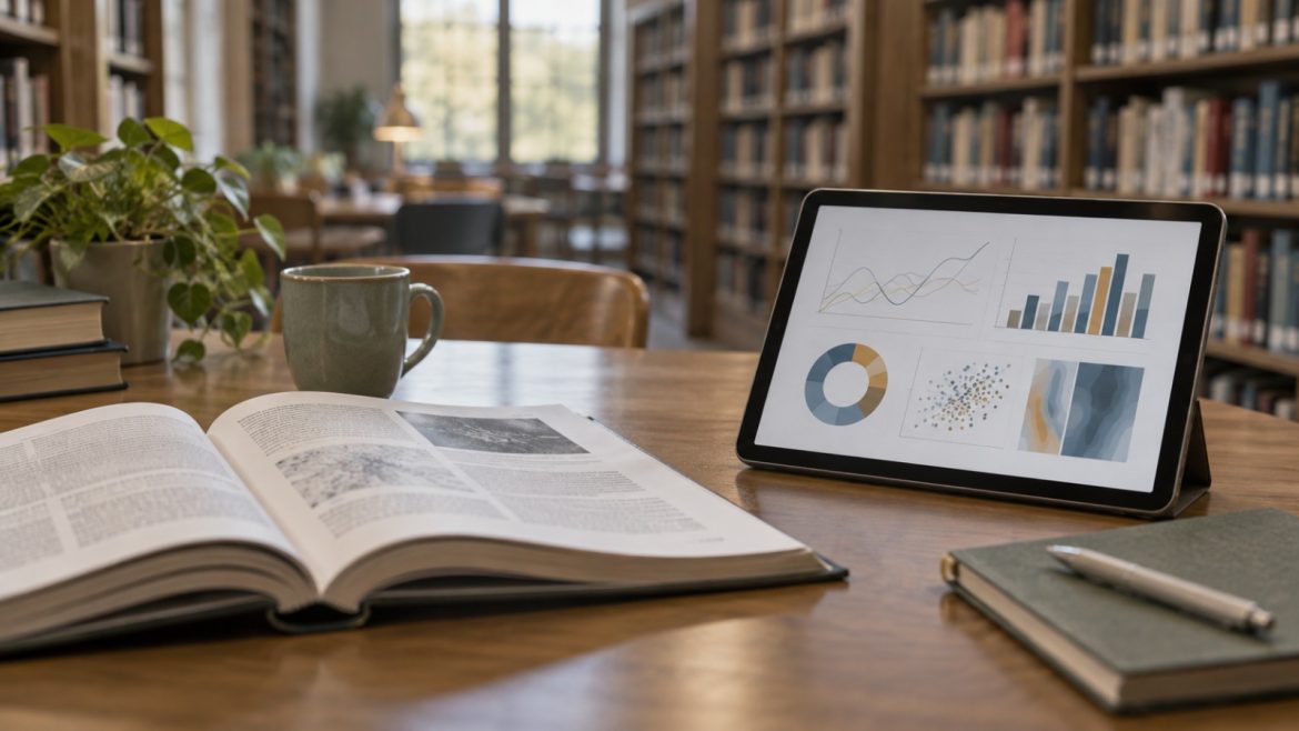 Aufgeschlagene Fachzeitschrift und Tablet mit Diagrammen auf einem Bibliothekstisch