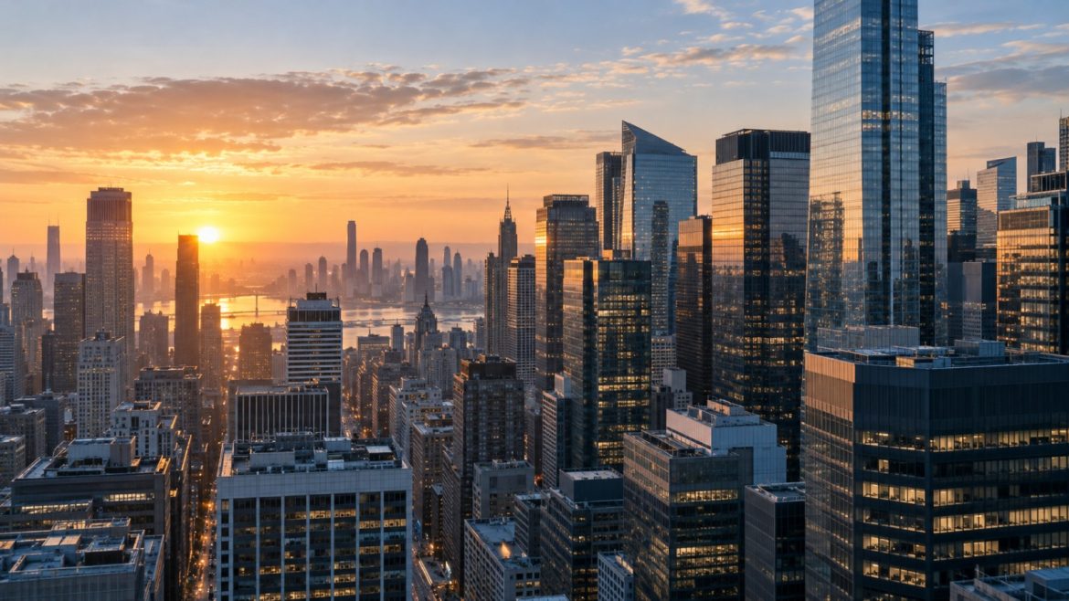 Finanzviertel einer amerikanischen Großstadt bei Sonnenaufgang mit Hunderten erleuchteter Bürofenster
