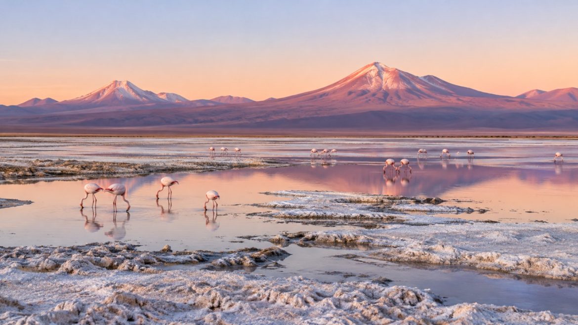 Salzsee in der Atacama-Wüste mit Flamingos und Andenvulkanen im Morgenlicht
