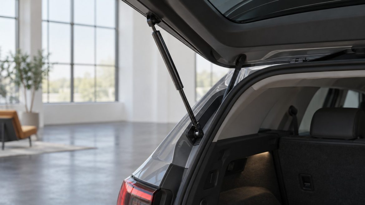 Gasdruckfeder hält die geöffnete Heckklappe eines Autos in einem hellen Designstudio