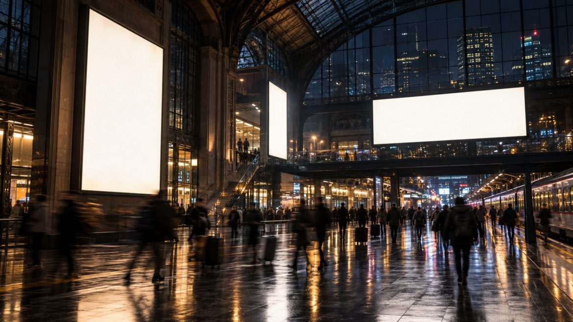 Leere leuchtende Digitalwerbeflächen in einem Bahnhof bei Nacht
