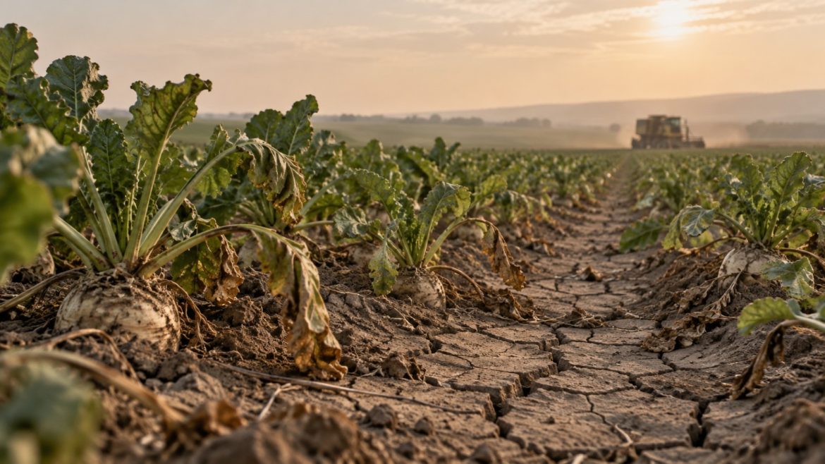 Zuckerrübenfeld im Nachmittagslicht mit rissigem, trockenem Boden zwischen den Reihen und einem Erntefahrzeug in der Ferne