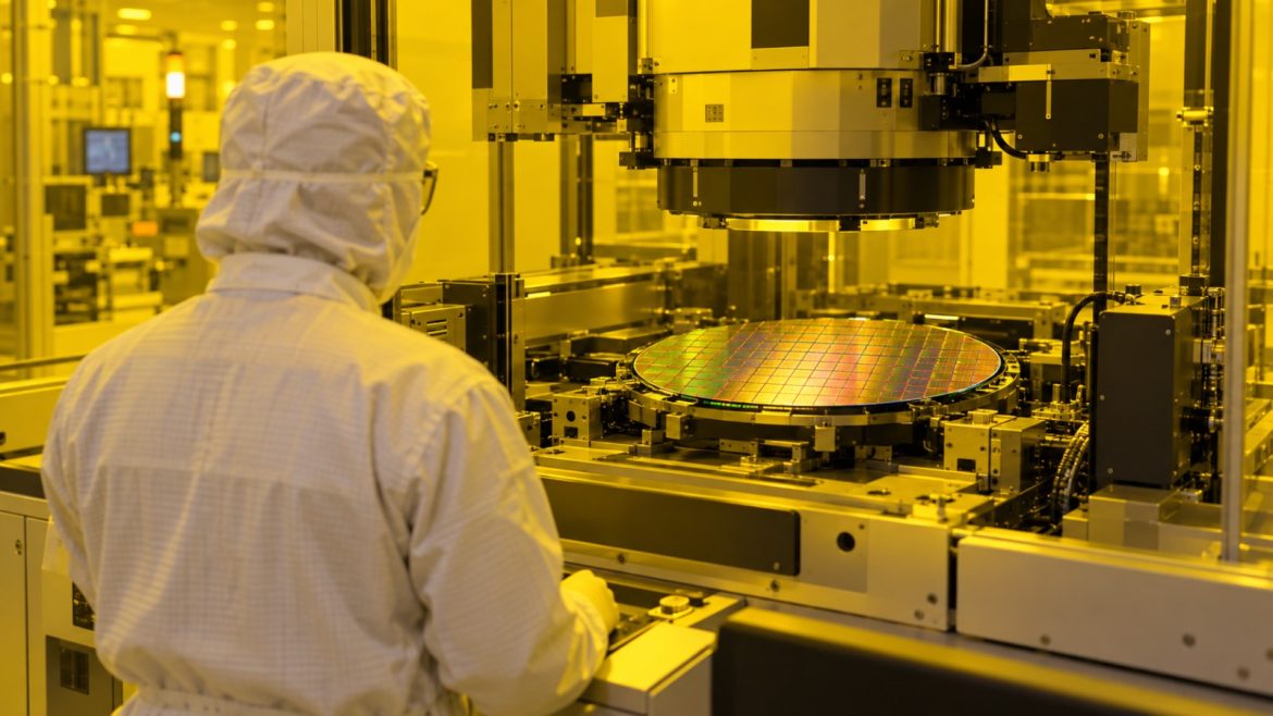Halbleiterwafer unter einer Belichtungsanlage im gelb beleuchteten Reinraum