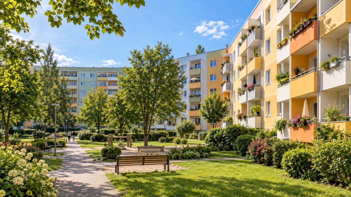 Sanierte Wohnblocks in Ostdeutschland mit bunten Balkonen und grünem Innenhof