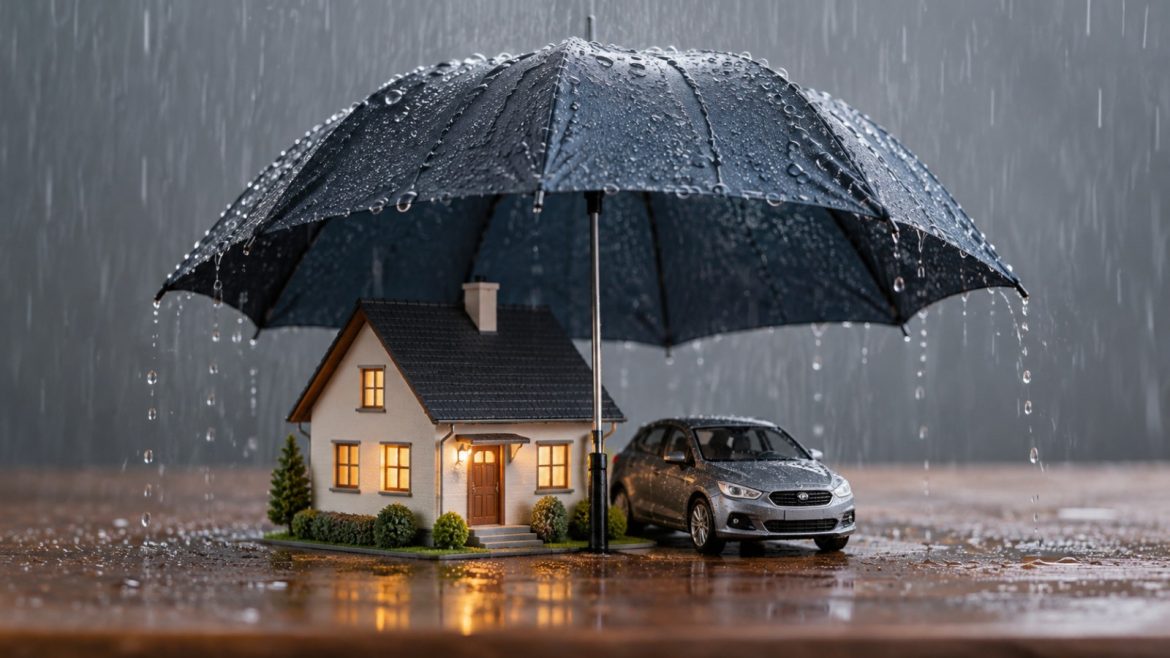 Regenschirm schützt ein Modellhaus und ein Modellauto vor Regen