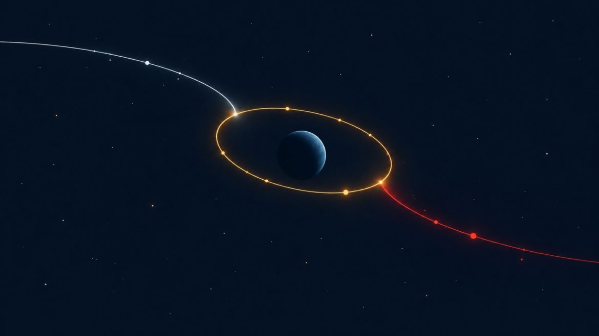 Grafik mit einer silbernen und einer roten Umlaufbahn, die in eine gemeinsame goldene Umlaufbahn um einen Planeten münden