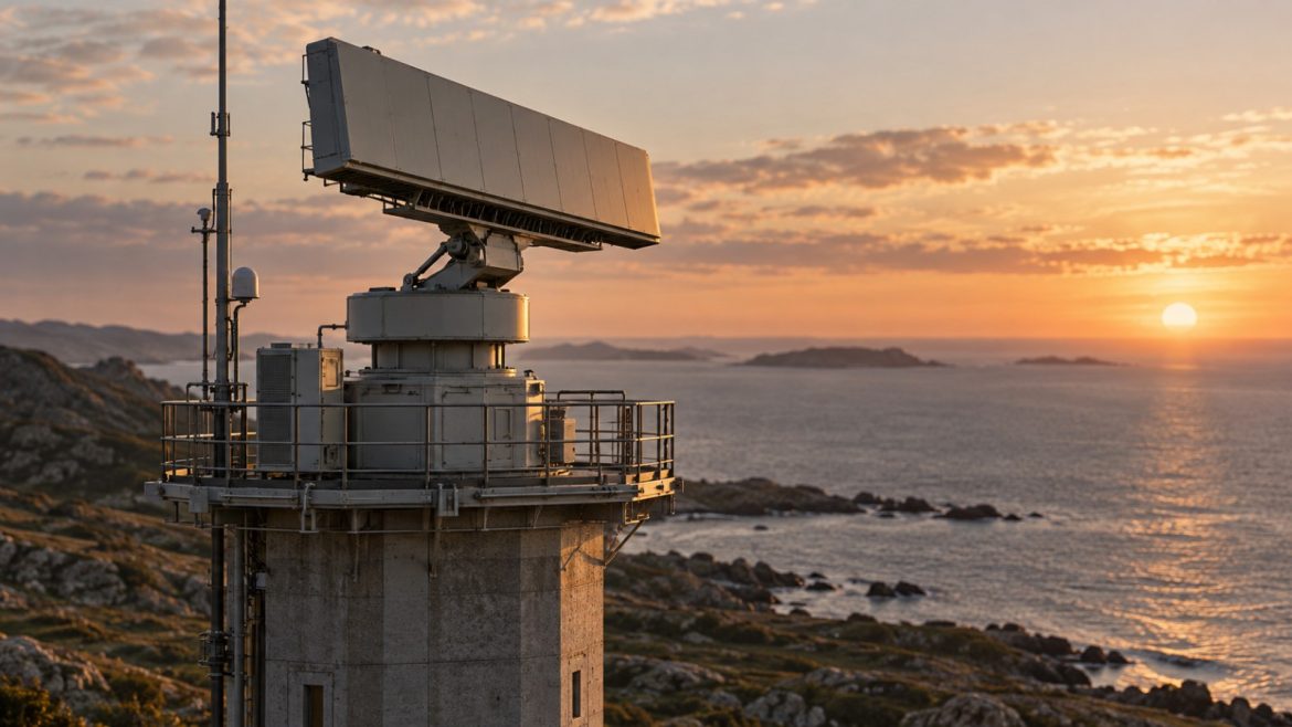 Radarantenne auf einem Küstenturm zur goldenen Stunde vor dem Meereshorizont