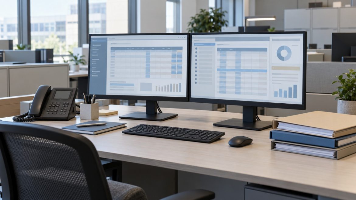 Arbeitsplatz im Backoffice einer Bank mit zwei Monitoren, Tischtelefon und Ordnern