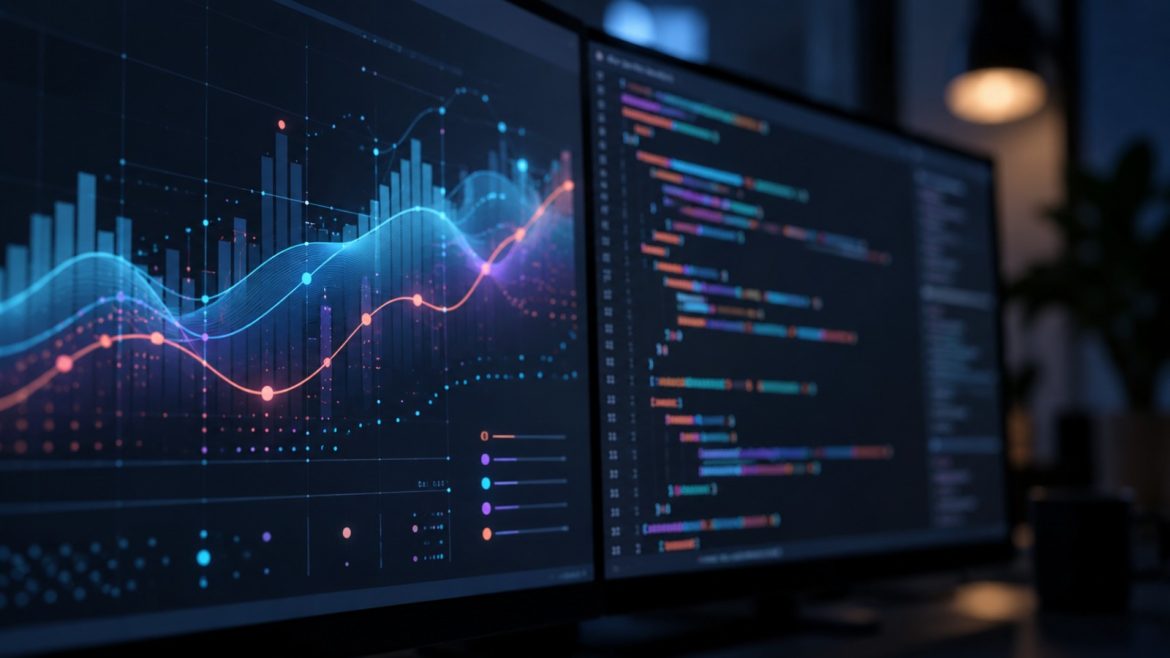 Geteilter Bildschirm mit Chart links und Code-Editor rechts in einem abgedunkelten Raum