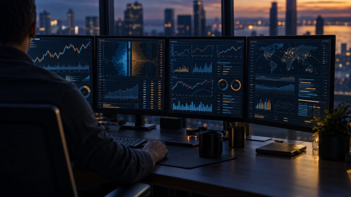 Blick über die Schulter auf einen Trading-Arbeitsplatz mit vier Monitoren in der Abenddämmerung