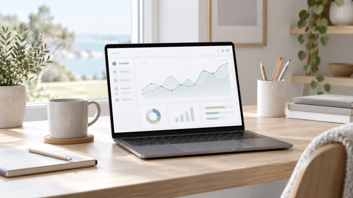 Laptop mit hellem, abstraktem Chart auf einem minimalistischen Schreibtisch im Tageslicht