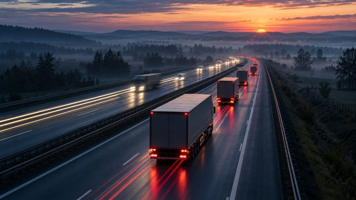 Lkw-Kolonne auf der Autobahn in der Morgendämmerung, von einer Brücke aus gesehen