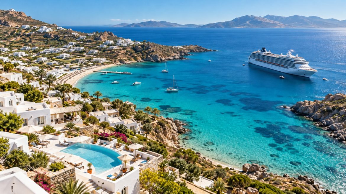 Türkisfarbene Mittelmeerbucht mit Kreuzfahrtschiff und Hotelanlagen am Hang