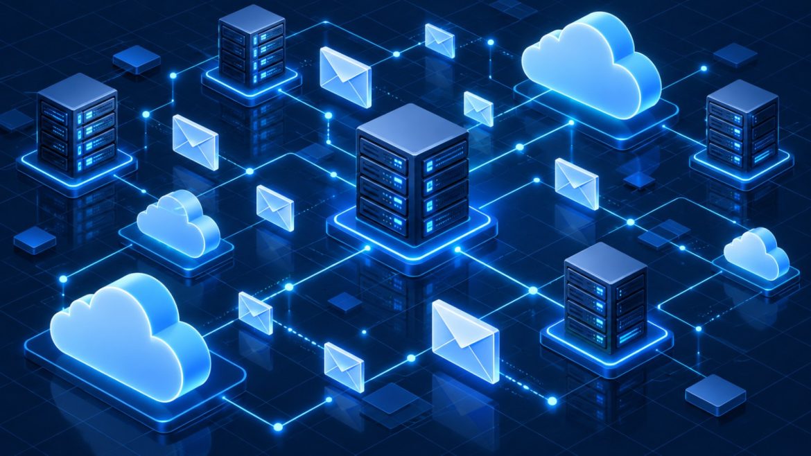 Isometrische Illustration vernetzter Server, Briefumschläge und Cloud-Symbole