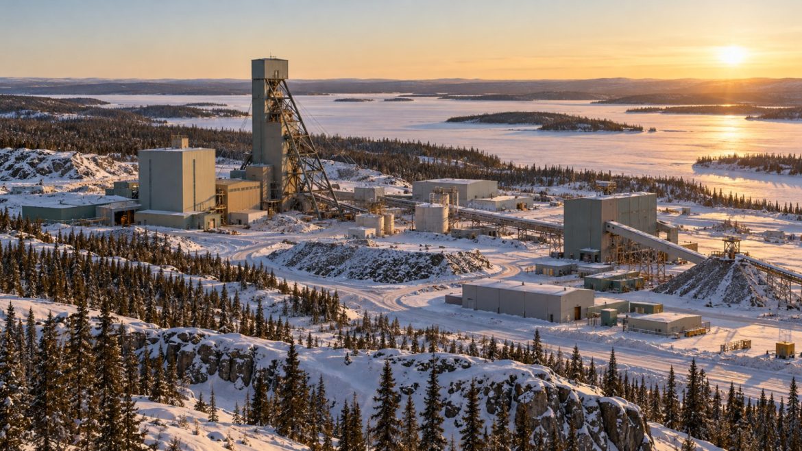 Uranmine in Kanada im Winter mit Förderturm und Industriegebäuden in verschneiter Nadelwaldlandschaft, dahinter ein zugefrorener See