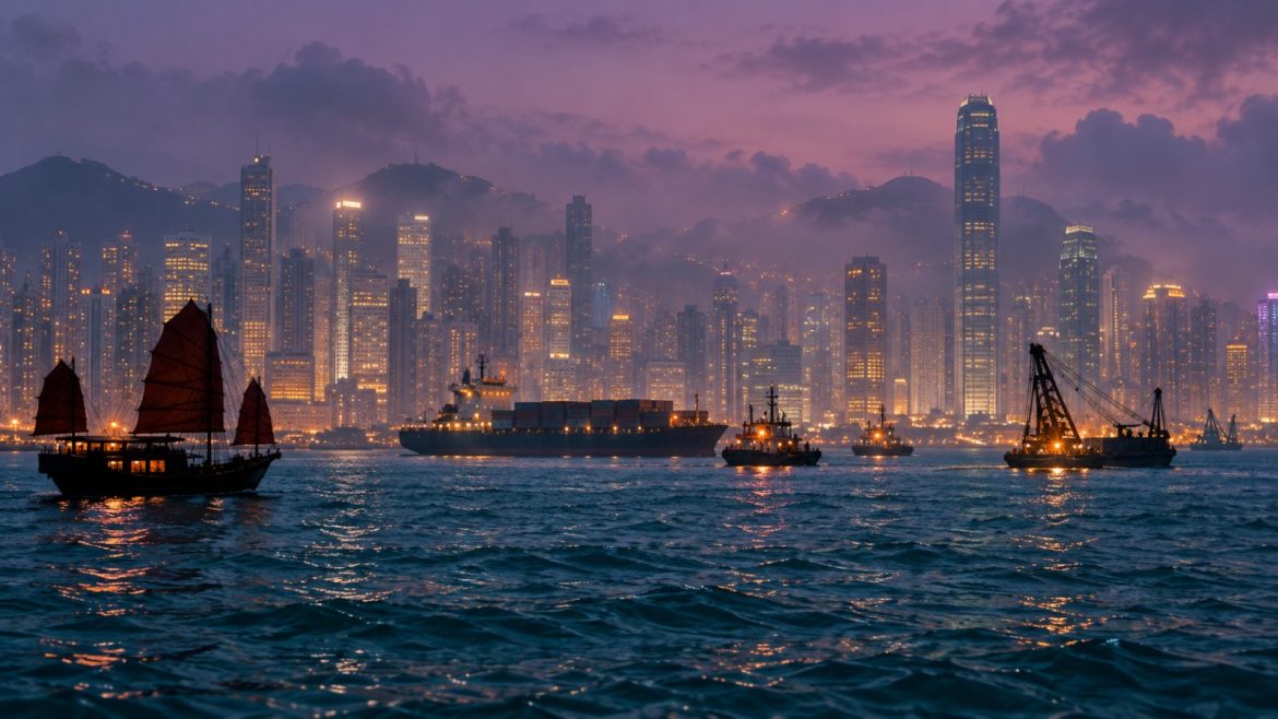 Victoria Harbour in Hongkong zur blauen Stunde mit Containerschiffen vor der beleuchteten Skyline