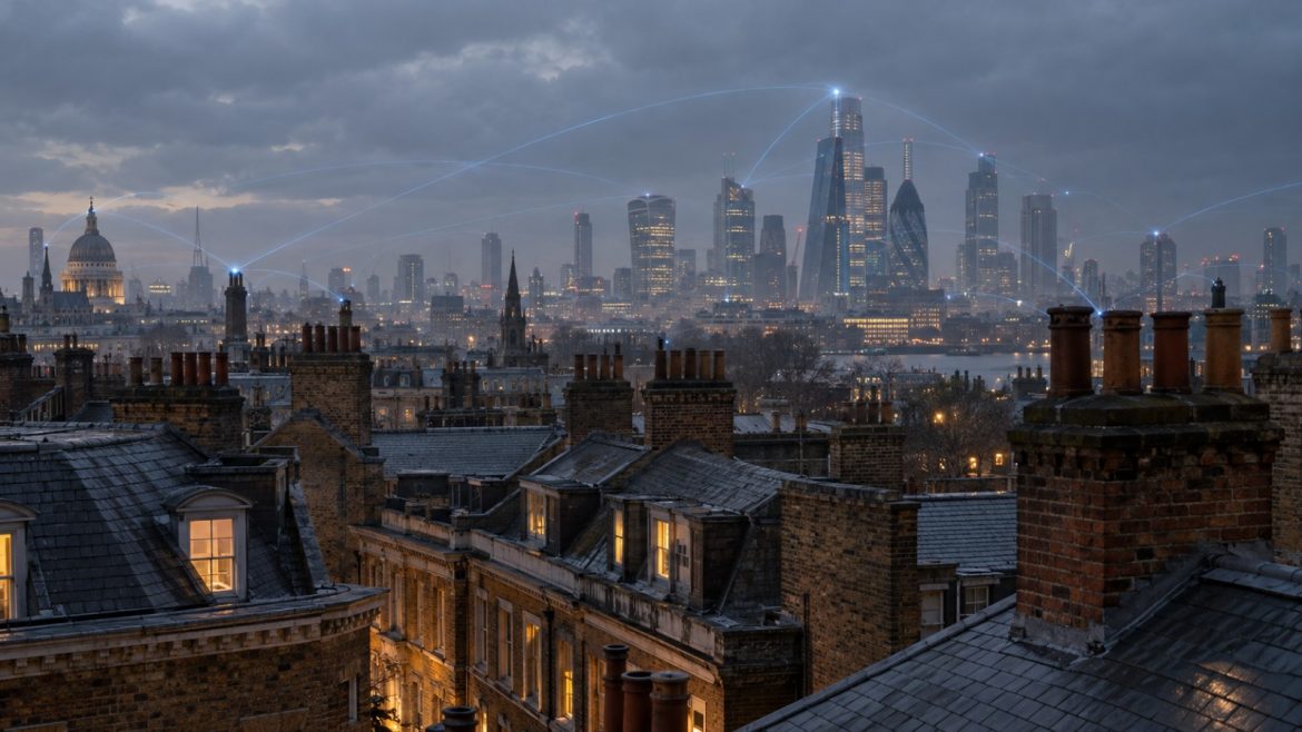 Viktorianische Londoner Dächer im Abendlicht, dahinter die moderne Skyline der City