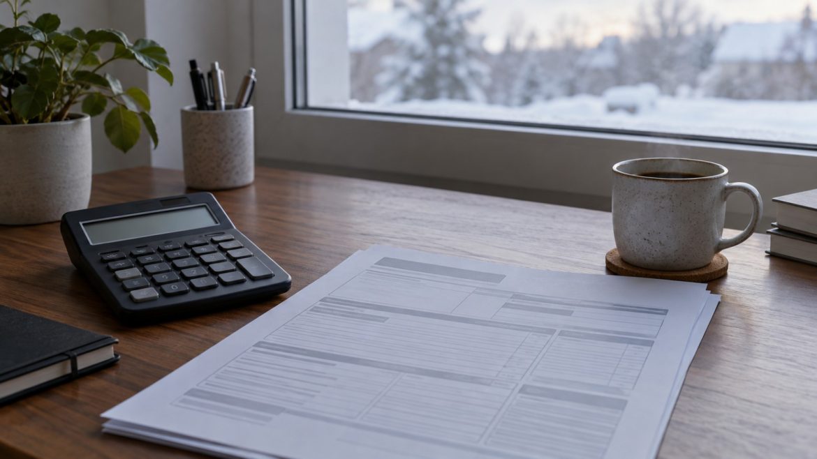 Schreibtisch im Winterlicht mit Taschenrechner, Steuerbescheinigung und einer Tasse Kaffee