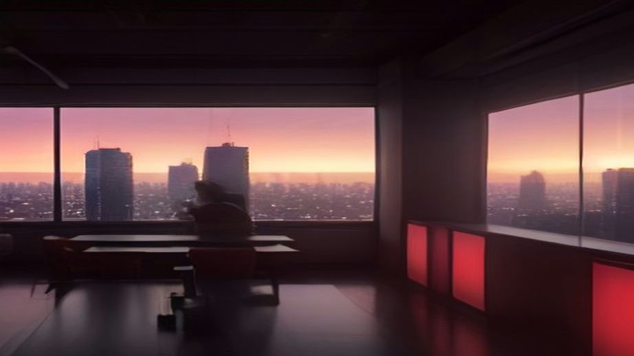 Handelsbüro bei Sonnenaufgang mit Blick auf die Skyline, rot leuchtende Bildschirme