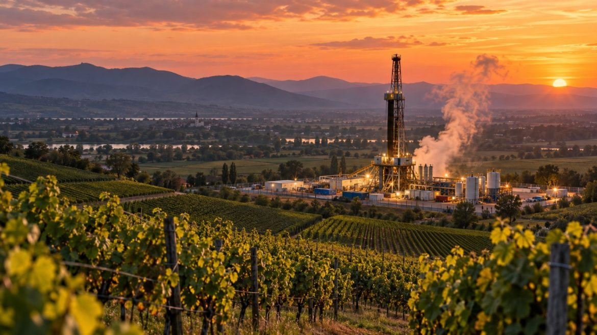 Geothermie-Bohranlage im Oberrheintal in der Dämmerung, davor Weinberge