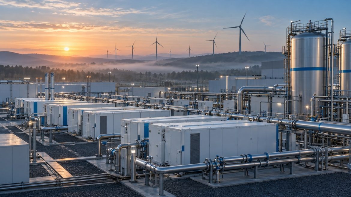 Wasserstoff-Elektrolyseanlage im Morgengrauen mit weißen Elektrolyseur-Containern, Drucktanks und einem Windpark im Hintergrund