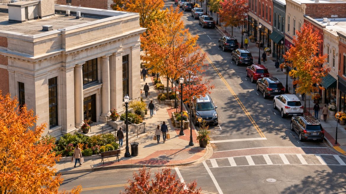 Hauptstraße einer amerikanischen Kleinstadt aus der Vogelperspektive mit Bankfiliale, Passanten und Herbstbäumen