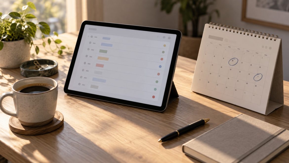 Tablet mit Terminliste, Tischkalender mit markierten Tagen und Kaffee am Morgen