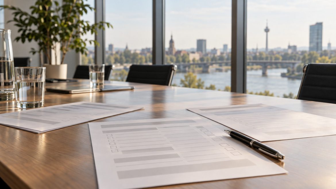 Konferenzraum mit Blick auf den Fluss, auf dem Tisch Fragebögen und ein Stift
